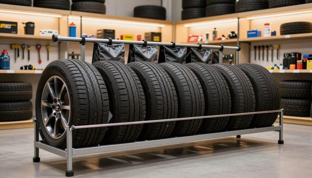 A well-organized storage room featuring various accessories for tire storage, including sturdy metal stands and shelves designed for holding tires without rims. In the foreground, showcase a set of elegant, modern tire racks displaying several tires stacked neatly. The middle layer features a few hanging bags and protective covers for tires, indicating proper organization. In the background, softly lit shelves are arranged with essential tools and accessories for tire maintenance, creating a practical atmosphere. Use warm, ambient lighting to convey a sense of order and professionalism. The angle should be slightly elevated, capturing the layout effectively while maintaining focus on the storage solutions. The overall mood is structured, efficient, and conducive to tire care. A well-organized storage room featuring various accessories for tire storage, including sturdy metal stands and shelves designed for holding tires without rims. In the foreground, showcase a set of elegant, modern tire racks displaying several tires stacked neatly. The middle layer features a few hanging bags and protective covers for tires, indicating proper organization. In the background, softly lit shelves are arranged with essential tools and accessories for tire maintenance, creating a practical atmosphere. Use warm, ambient lighting to convey a sense of order and professionalism. The angle should be slightly elevated, capturing the layout effectively while maintaining focus on the storage solutions. The overall mood is structured, efficient, and conducive to tire care.