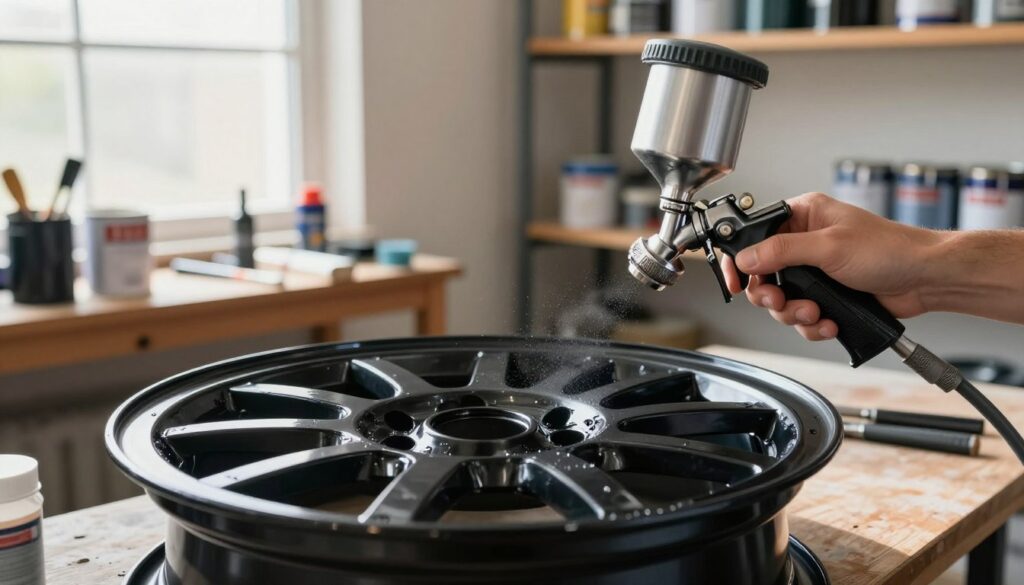 A well-organized workbench in a brightly lit garage, showcasing steel car rims being carefully painted. In the foreground, a close-up view of a hand applying a durable, glossy black paint to a steel wheel using a spray gun, with droplets glistening in the light. The background features shelves stocked with various painting tools and cans of paint, hinting at preparation for a professional job. Natural light streams through a window, creating a warm and inviting atmosphere. The scene conveys a sense of focus and craftsmanship, emphasizing attention to detail and precision in the painting process, suitable for ensuring a lasting finish on the rims.