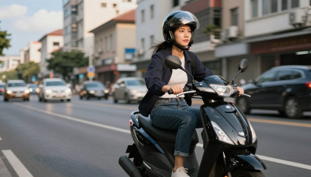 A woman in her late 30s, dressed in smart casual attire, is seen confidently riding a sleek black 125cc scooter on a city street. In the foreground, the woman is focused on the road, with her helmet securely fastened and sunlight reflecting off her visor. In the middle ground, busy urban scenery with blurred buildings and passing cars conveys the dynamic nature of city life. The background features a blue sky with light clouds, hinting at a warm day. The overall atmosphere is energetic and free, highlighting the sense of adventure and newfound mobility that comes with riding a scooter. The image captures the essence of riding a scooter "on a proof" in a modern, vibrant setting, emphasizing accessibility for riders within specific rules post-2013. A woman in her late 30s, dressed in smart casual attire, is seen confidently riding a sleek black 125cc scooter on a city street. In the foreground, the woman is focused on the road, with her helmet securely fastened and sunlight reflecting off her visor. In the middle ground, busy urban scenery with blurred buildings and passing cars conveys the dynamic nature of city life. The background features a blue sky with light clouds, hinting at a warm day. The overall atmosphere is energetic and free, highlighting the sense of adventure and newfound mobility that comes with riding a scooter. The image captures the essence of riding a scooter "on a proof" in a modern, vibrant setting, emphasizing accessibility for riders within specific rules post-2013.