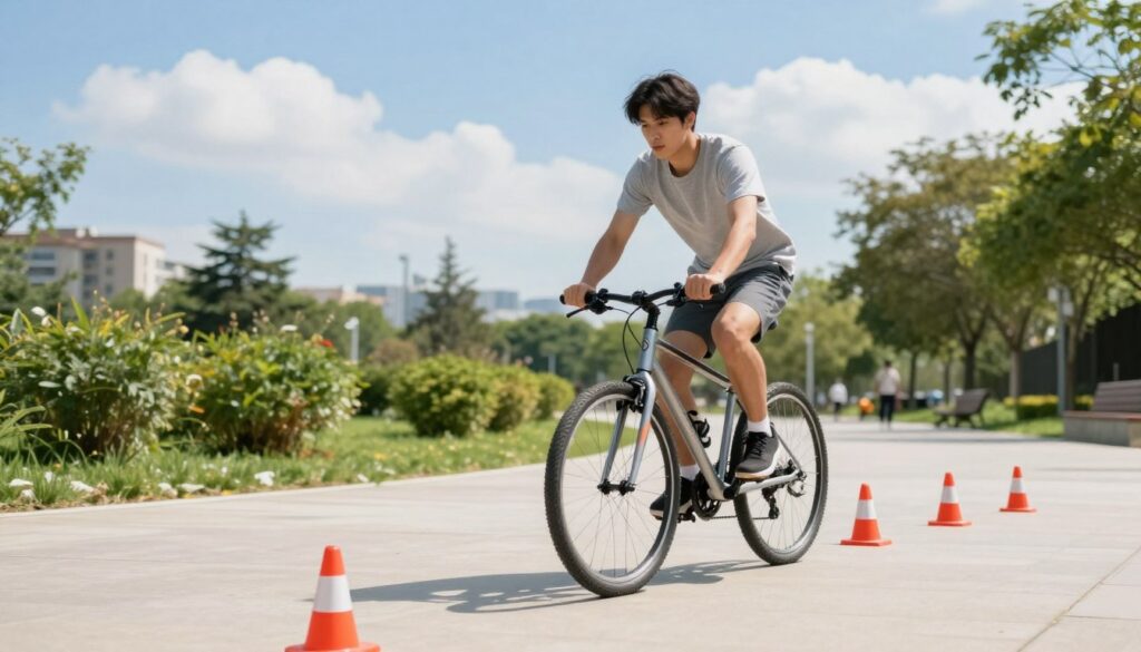A young adult in casual athletic clothing practices bicycle maneuvers on a smooth, paved pathway in an urban park. In the foreground, they are skillfully navigating around a set of traffic cones, showcasing balance and precision. The middle ground features a clear view of a bicycle legibly designed for training, with greenery lining the pathway. The background captures the essence of a sunny day, with bright blue skies and a few fluffy clouds, while distant trees provide a serene atmosphere. The scene is captured with a shallow depth of field, focusing sharply on the rider and the cones, creating a dynamic, engaging image that conveys the excitement and determination necessary for mastering practical cycling skills. The overall mood is uplifting and motivational, emphasizing focus and progress. A young adult in casual athletic clothing practices bicycle maneuvers on a smooth, paved pathway in an urban park. In the foreground, they are skillfully navigating around a set of traffic cones, showcasing balance and precision. The middle ground features a clear view of a bicycle legibly designed for training, with greenery lining the pathway. The background captures the essence of a sunny day, with bright blue skies and a few fluffy clouds, while distant trees provide a serene atmosphere. The scene is captured with a shallow depth of field, focusing sharply on the rider and the cones, creating a dynamic, engaging image that conveys the excitement and determination necessary for mastering practical cycling skills. The overall mood is uplifting and motivational, emphasizing focus and progress.