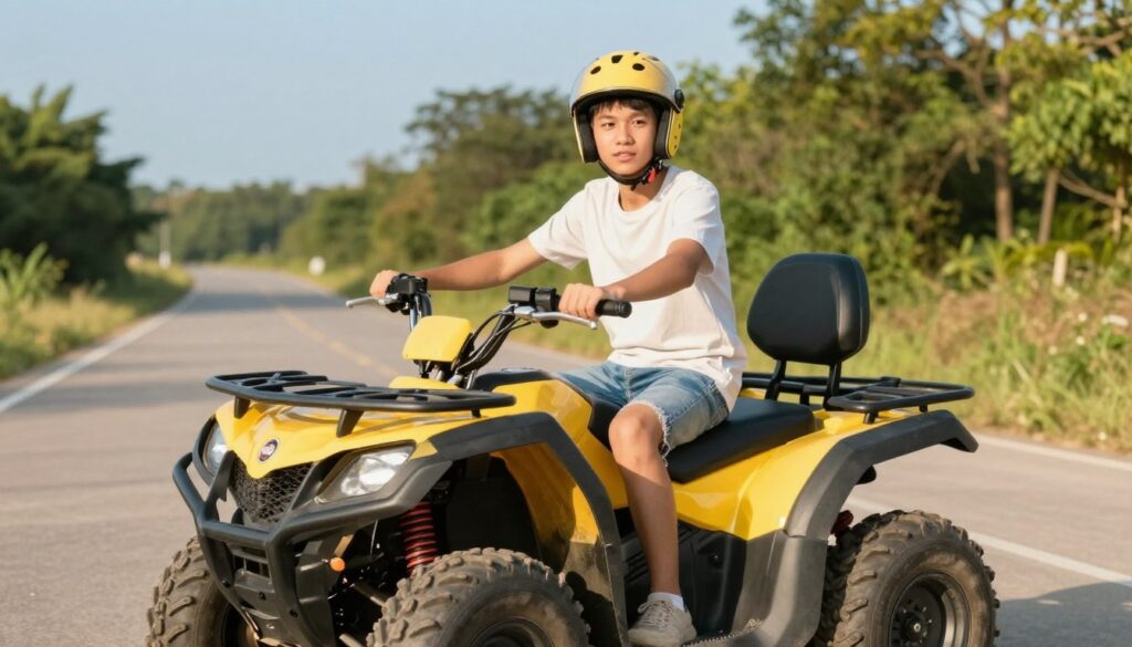 A young male driver, around 16 years old, sitting confidently on a vibrant quad bike, set against a sunny outdoor landscape. He wears a bright safety helmet and casual clothing, embodying youthful enthusiasm and adventure. The foreground focuses on the quad bike, showcasing its details like rugged tires and sleek design. In the middle ground, a blurred road stretches into a scenic forest, emphasizing the freedom of driving a quad. The background features lush greenery and a clear blue sky, creating a vibrant and lively atmosphere. The lighting is warm and inviting, suggestive of a sunny day, enhancing the excitement of outdoor activities. Capture the spirit of youth and responsibility in a safe and engaging manner. A young male driver, around 16 years old, sitting confidently on a vibrant quad bike, set against a sunny outdoor landscape. He wears a bright safety helmet and casual clothing, embodying youthful enthusiasm and adventure. The foreground focuses on the quad bike, showcasing its details like rugged tires and sleek design. In the middle ground, a blurred road stretches into a scenic forest, emphasizing the freedom of driving a quad. The background features lush greenery and a clear blue sky, creating a vibrant and lively atmosphere. The lighting is warm and inviting, suggestive of a sunny day, enhancing the excitement of outdoor activities. Capture the spirit of youth and responsibility in a safe and engaging manner.