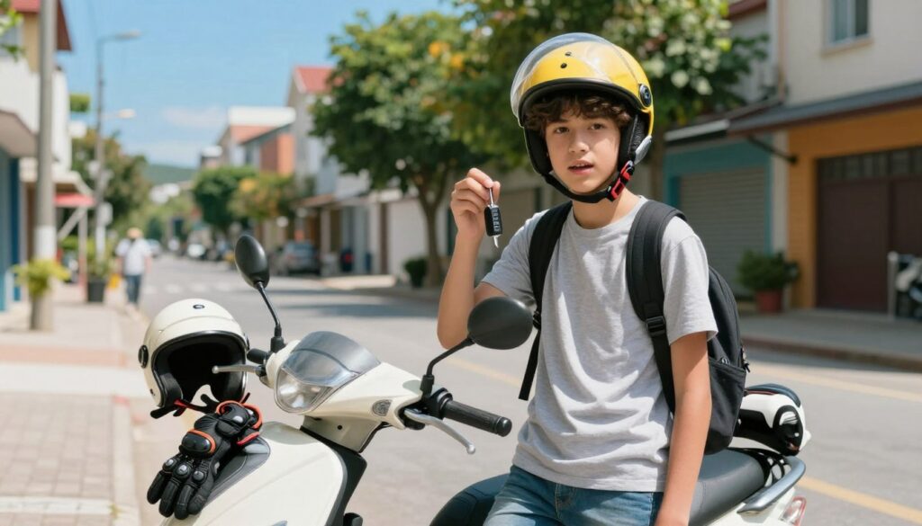 A young person, around 14 years old, standing beside a motor scooter in a sunlit urban environment, emanating a sense of excitement and readiness to start their motorcycle journey. The foreground features the individual, dressed in a bright helmet and casual but modest attire, holding a motor scooter key with a determined expression. In the middle ground, a scooter is parked with safety gear like a helmet and protective gloves resting on it. The background includes a clear blue sky and a quaint city street lined with trees and colorful buildings, creating a vibrant, friendly atmosphere. Soft, natural lighting enhances the scene, casting gentle shadows, with a slight depth of field effect focusing on the subject, conveying a mood of youthful eagerness to explore and learn about riding.