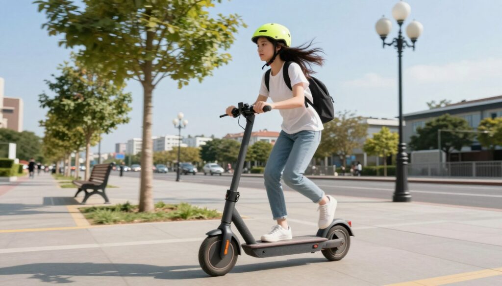A young person riding an electric scooter on a smooth city sidewalk, showcasing a dynamic motion pose, with their hair flowing in the wind. The scene captures the sense of speed and freedom associated with electric scooters. In the foreground, focus on the individual wearing a bright helmet and casual sportswear for safety, confidently navigating the path. In the middle, include a few trees and urban elements, like benches and decorative street lamps, to represent a lively city environment. The background features a clear blue sky and distant buildings, suggesting a vibrant community. Soft sunlight bathes the scene, creating an energetic and inviting atmosphere, perfect for showcasing where and how to ride electric scooters responsibly. A young person riding an electric scooter on a smooth city sidewalk, showcasing a dynamic motion pose, with their hair flowing in the wind. The scene captures the sense of speed and freedom associated with electric scooters. In the foreground, focus on the individual wearing a bright helmet and casual sportswear for safety, confidently navigating the path. In the middle, include a few trees and urban elements, like benches and decorative street lamps, to represent a lively city environment. The background features a clear blue sky and distant buildings, suggesting a vibrant community. Soft sunlight bathes the scene, creating an energetic and inviting atmosphere, perfect for showcasing where and how to ride electric scooters responsibly.