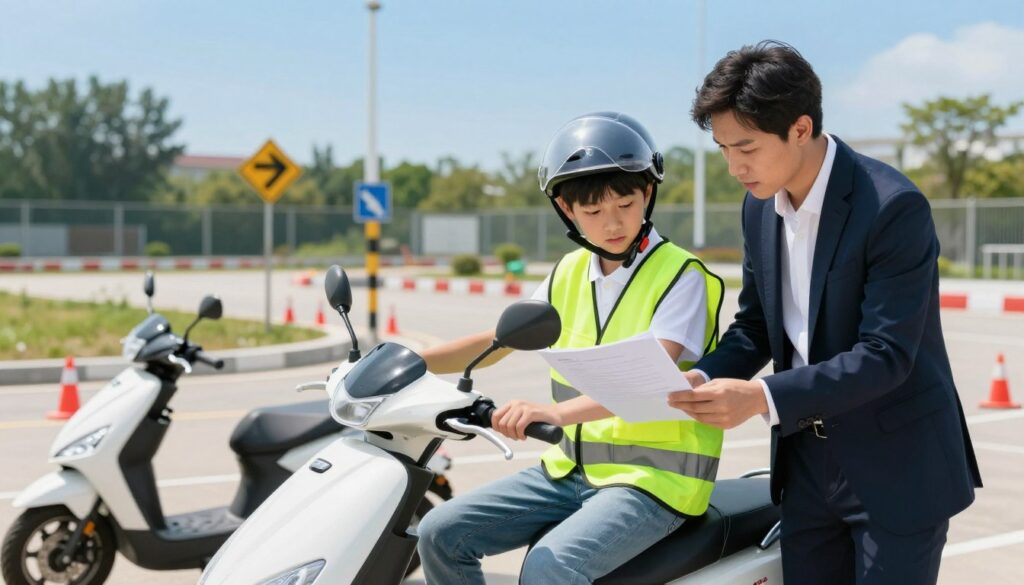 A young teenager, around 14 years old, wearing a helmet and a bright safety vest, seated on a sleek, modern moped in a well-lit training area. In the foreground, a concerned yet supportive adult, dressed in smart casual attire, is reviewing documents, symbolizing guardianship and consent. In the middle ground, a picturesque training track with cones and road signs, hinting at a learning environment. The background features a clear blue sky and trees, creating a cheerful, optimistic atmosphere. The lighting is bright and inviting, with soft shadows emphasizing the subjects. The scene conveys a sense of readiness and excitement about beginning the motorbike course, focusing on youth, safety, and support.