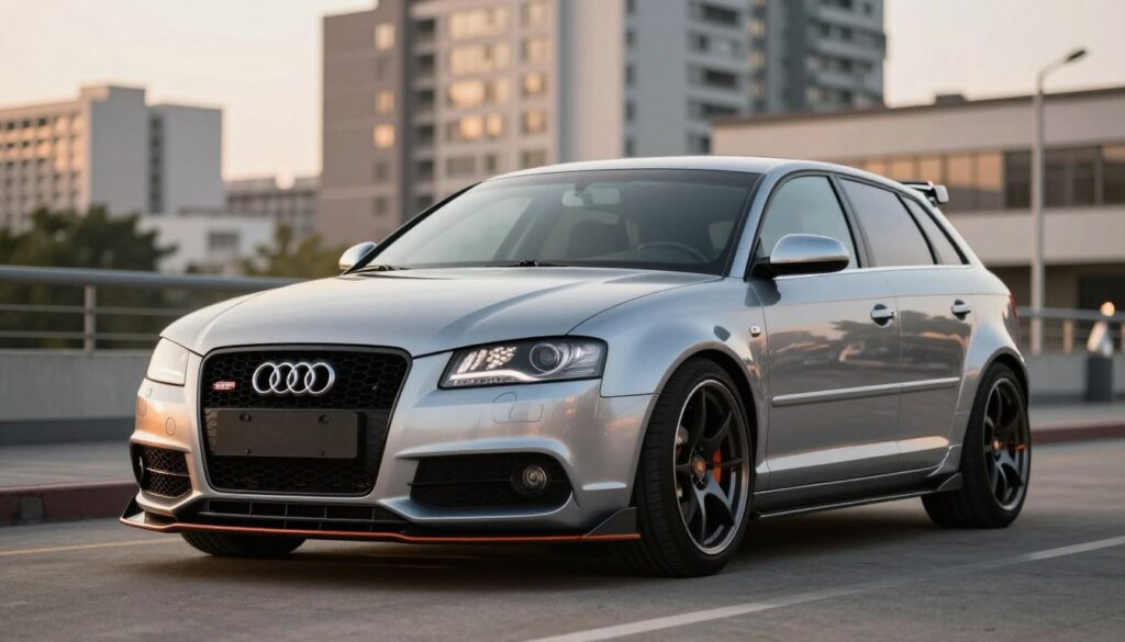 An Audi A3 8P with a custom body kit showcased prominently in the foreground, highlighting unique modifications such as an aggressive front bumper, side skirts, and a rear diffuser. The car is parked at a slightly angled position to showcase its sleek lines and sporty stance. The middle ground features an urban setting with blurred city buildings to create a dynamic backdrop, while soft natural light enhances the metallic paint of the vehicle. The angle captures the car from a low perspective, emphasizing its robust presence. The scene is set during the golden hour, casting a warm glow that adds richness to the colors, evoking a sense of excitement and passion for automotive design. The overall mood is energetic yet refined, appealing to car enthusiasts. An Audi A3 8P with a custom body kit showcased prominently in the foreground, highlighting unique modifications such as an aggressive front bumper, side skirts, and a rear diffuser. The car is parked at a slightly angled position to showcase its sleek lines and sporty stance. The middle ground features an urban setting with blurred city buildings to create a dynamic backdrop, while soft natural light enhances the metallic paint of the vehicle. The angle captures the car from a low perspective, emphasizing its robust presence. The scene is set during the golden hour, casting a warm glow that adds richness to the colors, evoking a sense of excitement and passion for automotive design. The overall mood is energetic yet refined, appealing to car enthusiasts.