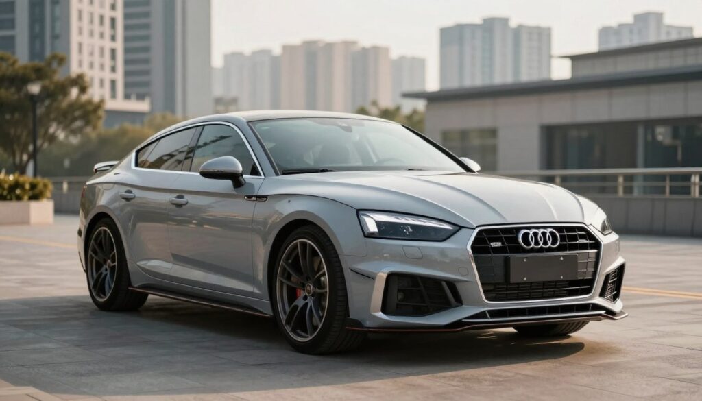 An Audi A5 parked in an urban setting, showcasing a perfectly fitted body kit that enhances its sleek lines. The foreground features the car angled slightly to display the custom front bumper and side skirts, emphasizing the precision of the fit. In the middle ground, soft ambient lighting highlights the car's contours, while the background includes a blurred modern cityscape, adding depth to the scene. The mood is dynamic yet professional, suitable for automotive enthusiasts. Captured using a wide-angle lens from a low perspective, the image captures a sunny afternoon, casting gentle shadows that accentuate the body kit's details. No text or branding is included, focusing entirely on the vehicle's aesthetic appeal. An Audi A5 parked in an urban setting, showcasing a perfectly fitted body kit that enhances its sleek lines. The foreground features the car angled slightly to display the custom front bumper and side skirts, emphasizing the precision of the fit. In the middle ground, soft ambient lighting highlights the car's contours, while the background includes a blurred modern cityscape, adding depth to the scene. The mood is dynamic yet professional, suitable for automotive enthusiasts. Captured using a wide-angle lens from a low perspective, the image captures a sunny afternoon, casting gentle shadows that accentuate the body kit's details. No text or branding is included, focusing entirely on the vehicle's aesthetic appeal.
