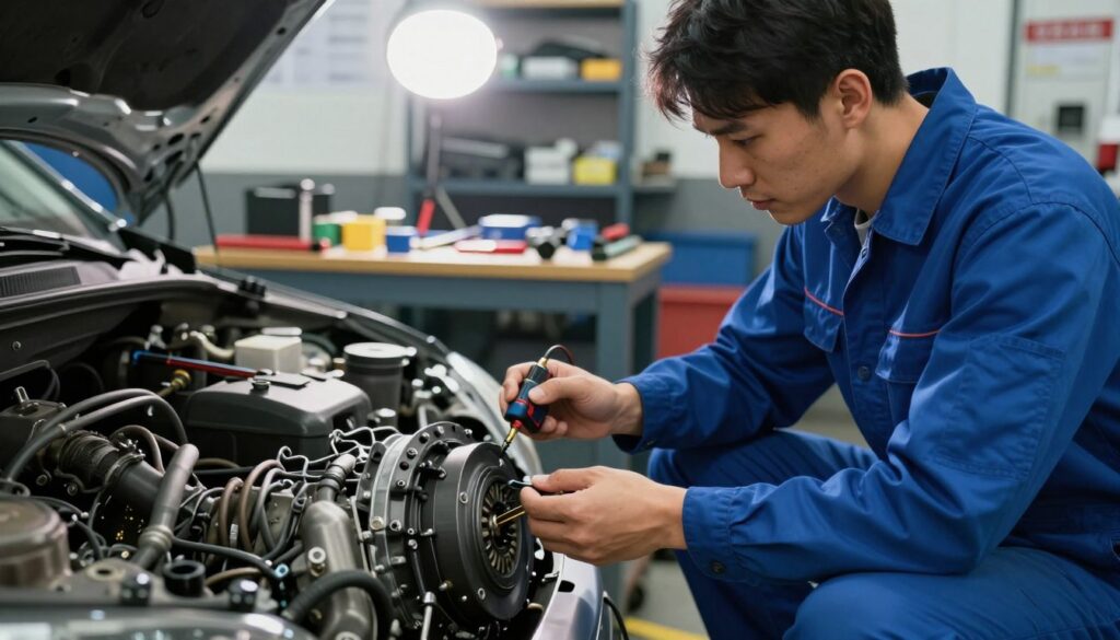 An automotive workshop scene focusing on a mechanic examining a clutch pedal sensor. In the foreground, a mechanic in a blue jumpsuit kneels beside a car, inspecting the sensor connected to the clutch pedal. The technician looks contemplative, a diagnostic tool in hand, highlighting the complexity of the task. In the middle ground, various tools and parts are scattered across a workbench, illuminated by bright overhead lights that create a professional atmosphere. The background features shelves filled with automotive manuals and components, adding context to the scene. The overall lighting is bright but slightly dramatic, casting subtle shadows that emphasize the mechanical details. The mood is focused and insightful, capturing the essence of troubleshooting and the potential for confusion in vehicle symptoms.