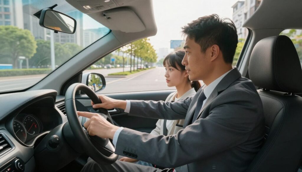 An image depicting a driving lesson for an automatic transmission vehicle, set in a modern urban environment. In the foreground, a focused instructor in professional business attire is guiding a diverse student in casual, modest clothing seated inside a sleek, contemporary automatic car. The student appears engaged, with hands on the wheel, while the instructor points towards the dashboard controls. In the middle ground, a quiet road lined with trees and urban buildings creates a realistic driving scene. The background features clear skies, emphasizing a bright, optimistic atmosphere. The lighting is soft and natural, suggesting early morning or late afternoon, with a slight flare from the sun enhancing the peaceful mood of the driving lesson. The camera angle is slightly tilted from the driver's perspective, capturing both the instructor and the road ahead. An image depicting a driving lesson for an automatic transmission vehicle, set in a modern urban environment. In the foreground, a focused instructor in professional business attire is guiding a diverse student in casual, modest clothing seated inside a sleek, contemporary automatic car. The student appears engaged, with hands on the wheel, while the instructor points towards the dashboard controls. In the middle ground, a quiet road lined with trees and urban buildings creates a realistic driving scene. The background features clear skies, emphasizing a bright, optimistic atmosphere. The lighting is soft and natural, suggesting early morning or late afternoon, with a slight flare from the sun enhancing the peaceful mood of the driving lesson. The camera angle is slightly tilted from the driver's perspective, capturing both the instructor and the road ahead.