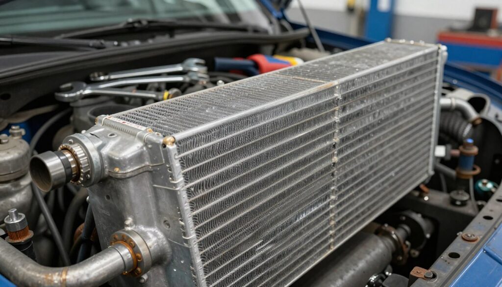 An industrial workshop setting featuring a close-up of an oil cooler, showcasing its intricate metal fins and piping. The foreground highlights the oil cooler in sharp focus, with visible connectors and a sheen of aged metal reflecting soft overhead fluorescent lighting. In the middle ground, tools like wrenches and a hose can be seen, indicating the environment’s purpose, while a partially opened vehicle hood is subtly visible in the background. The atmosphere conveys a sense of precision and technical work, with a slight oil sheen on surfaces adding a realistic touch. A natural color palette of steel grays, muted blues, and hints of rust creates an authentic workshop feel. The image should evoke a sense of clarity and focus, suitable for technical analysis.